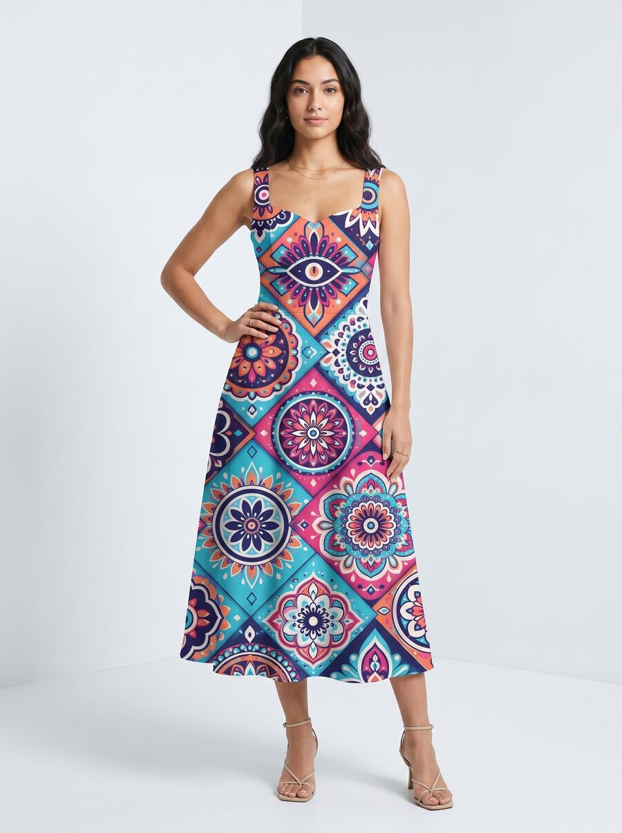 Mandala print dress on model